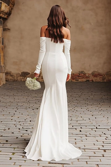 Ivory Mermaid Off The Shoulder Long Sleeves Wedding Dress with Slit